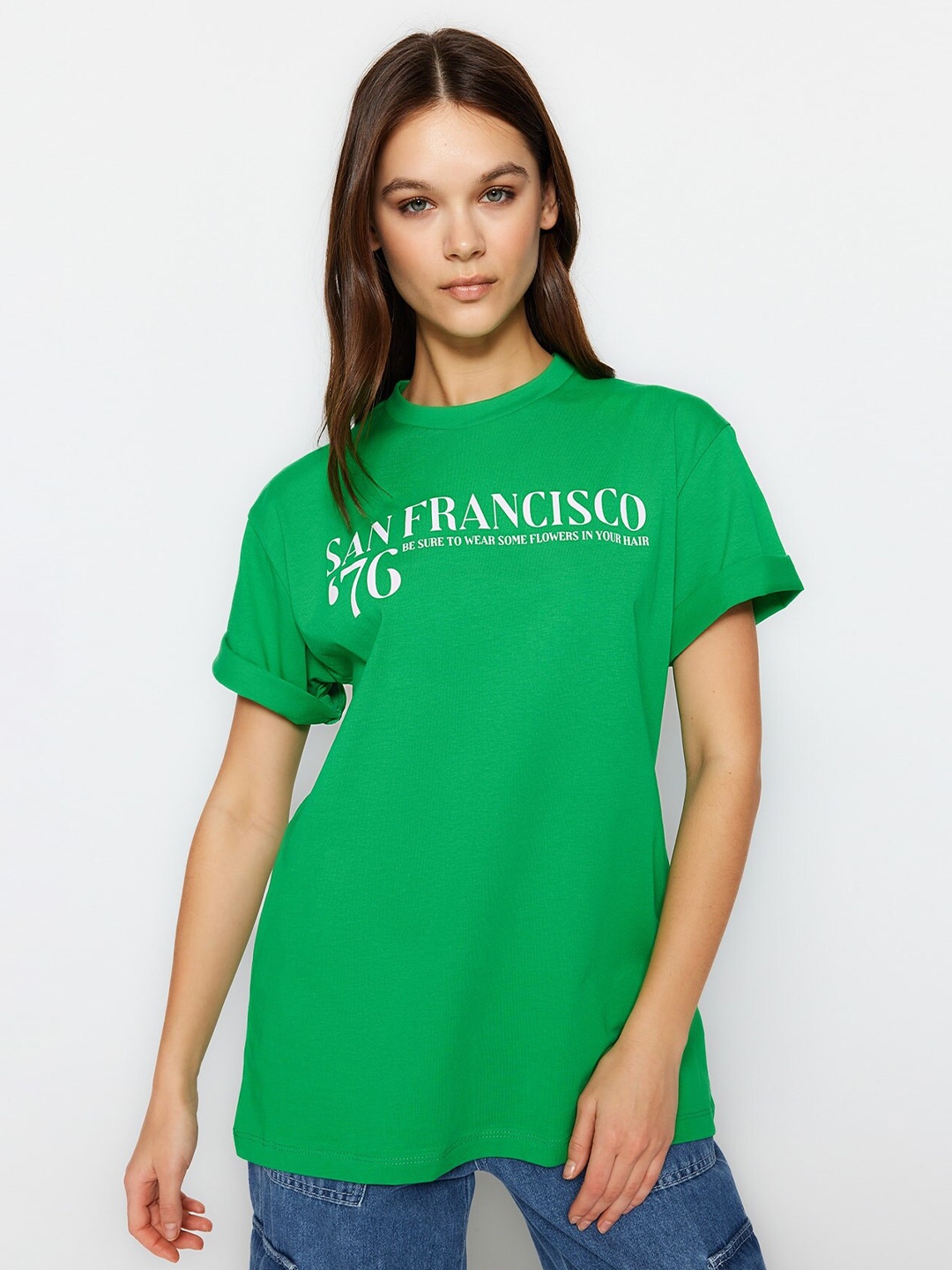 

Trendyol Typography Printed Pure Cotton T-shirt, Green