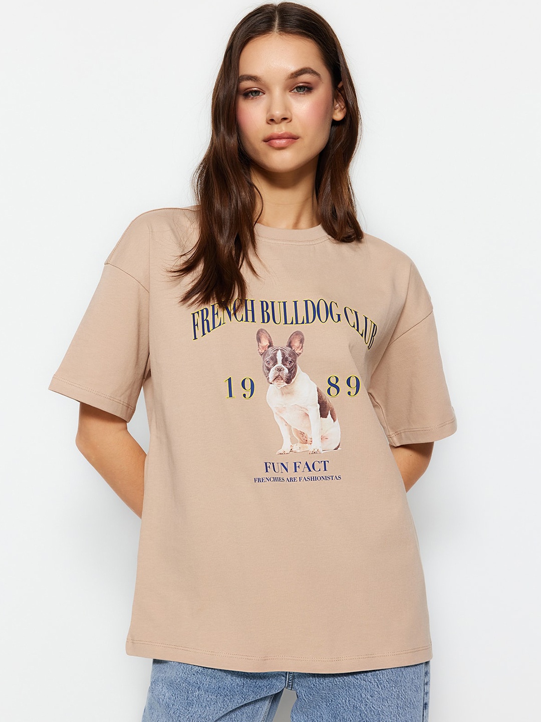 

Trendyol Typography Printed Drop-Shoulder Sleeves Pure Cotton T-shirt, Beige