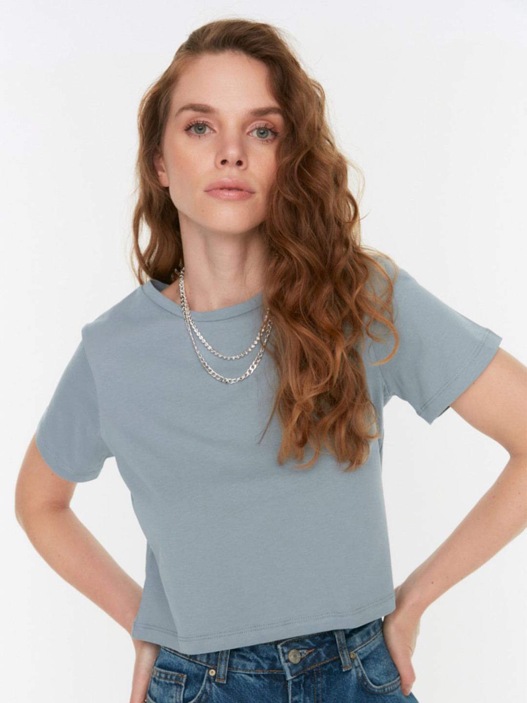 

Trendyol Round Neck Pure Cotton Crop T-shirt, Grey