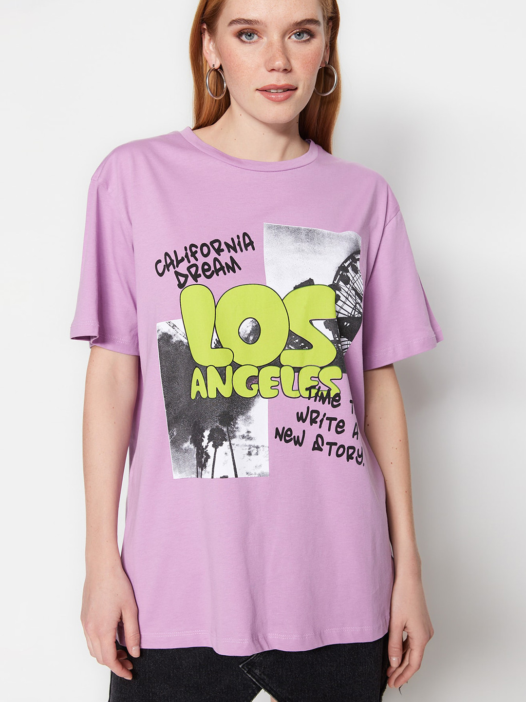 

Trendyol Typography Printed Drop-Shoulder Sleeves Pure Cotton T-shirt, Lavender