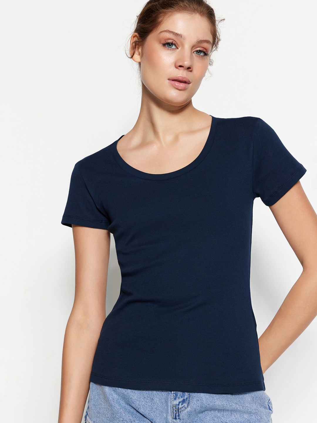 

Trendyol Round Neck Pure Cotton T-shirt, Navy blue