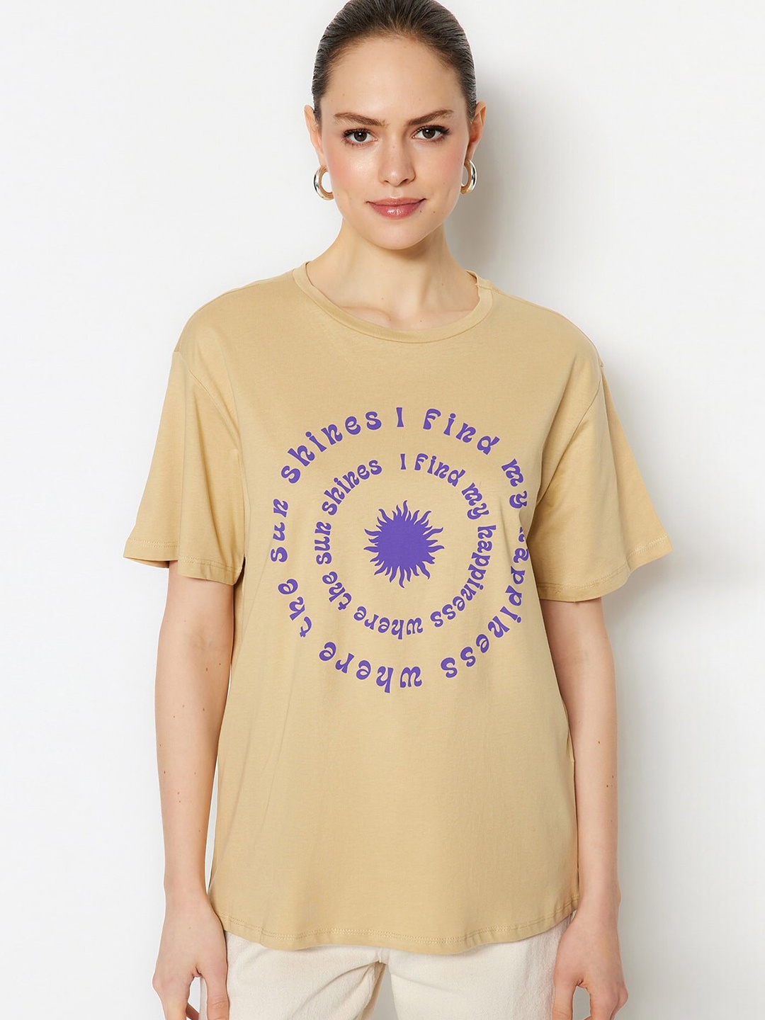 

Trendyol Typography Printed Drop-Shoulder Sleeves Pure Cotton T-shirt, Beige