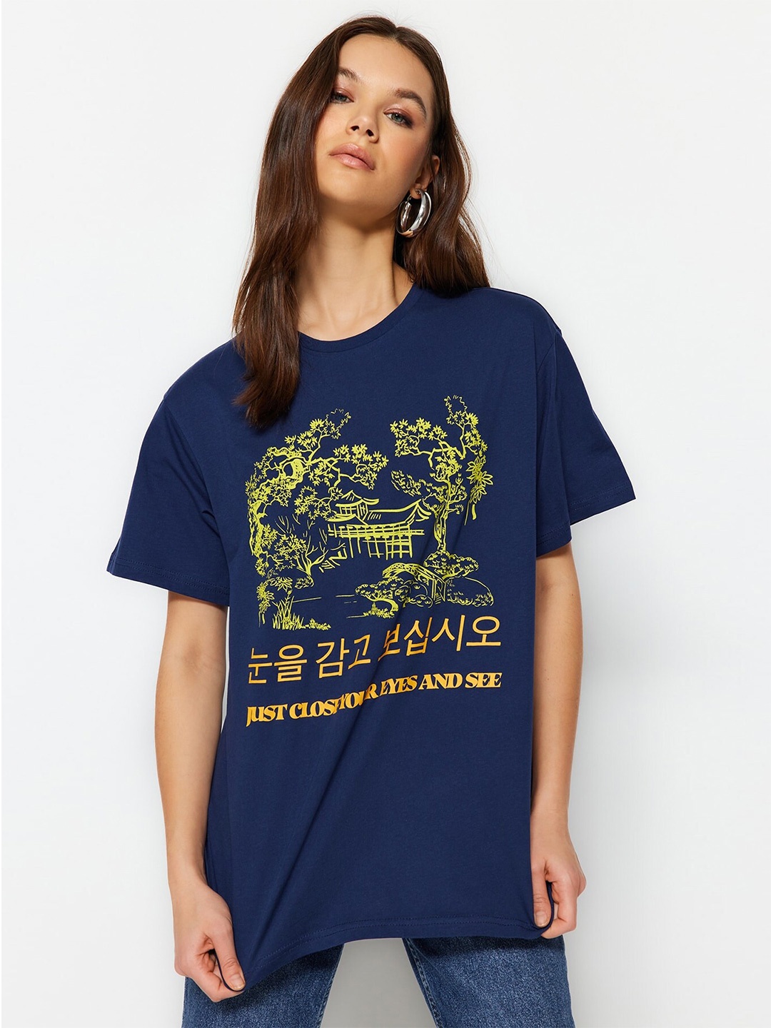 

Trendyol Typography Printed Pure Cotton T-shirt, Navy blue
