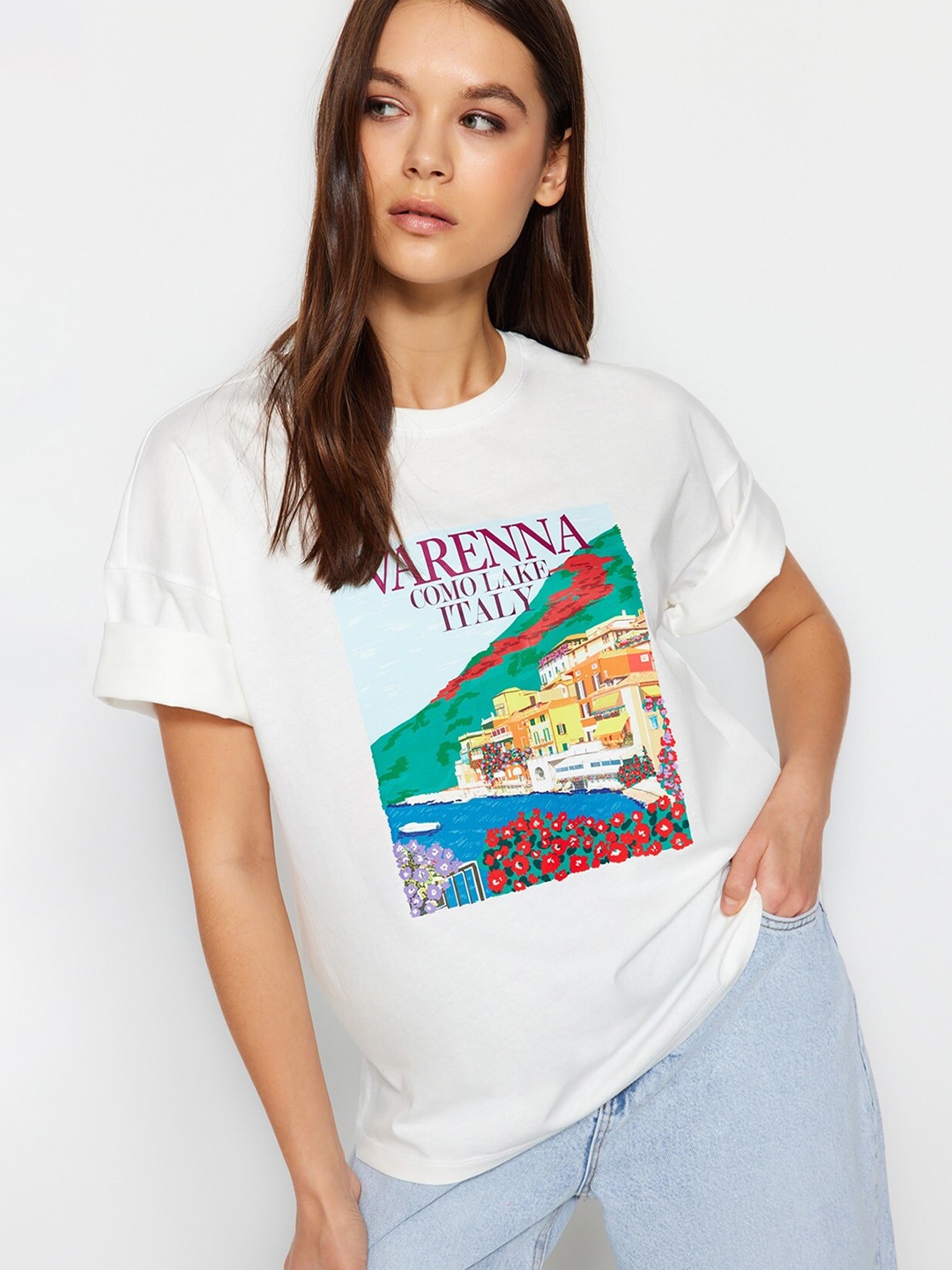 

Trendyol Graphic Printed Drop-Shoulder Sleeves Pure Cotton T-shirt, White