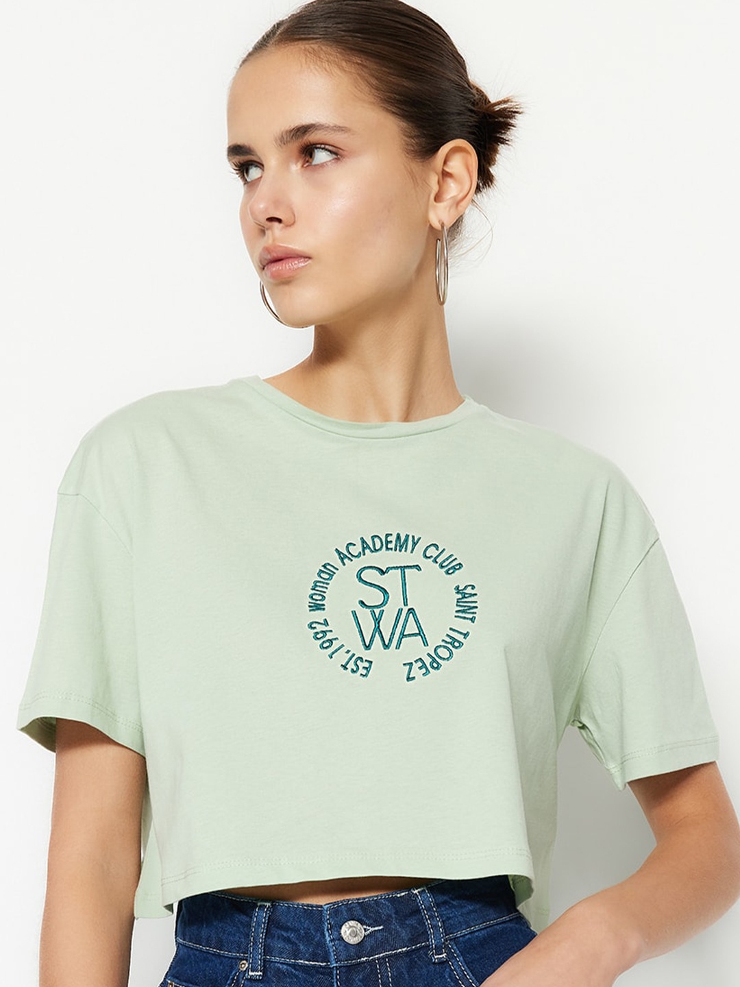 

Trendyol Typography Printed Pure Cotton Crop T-Shirt, Sea green