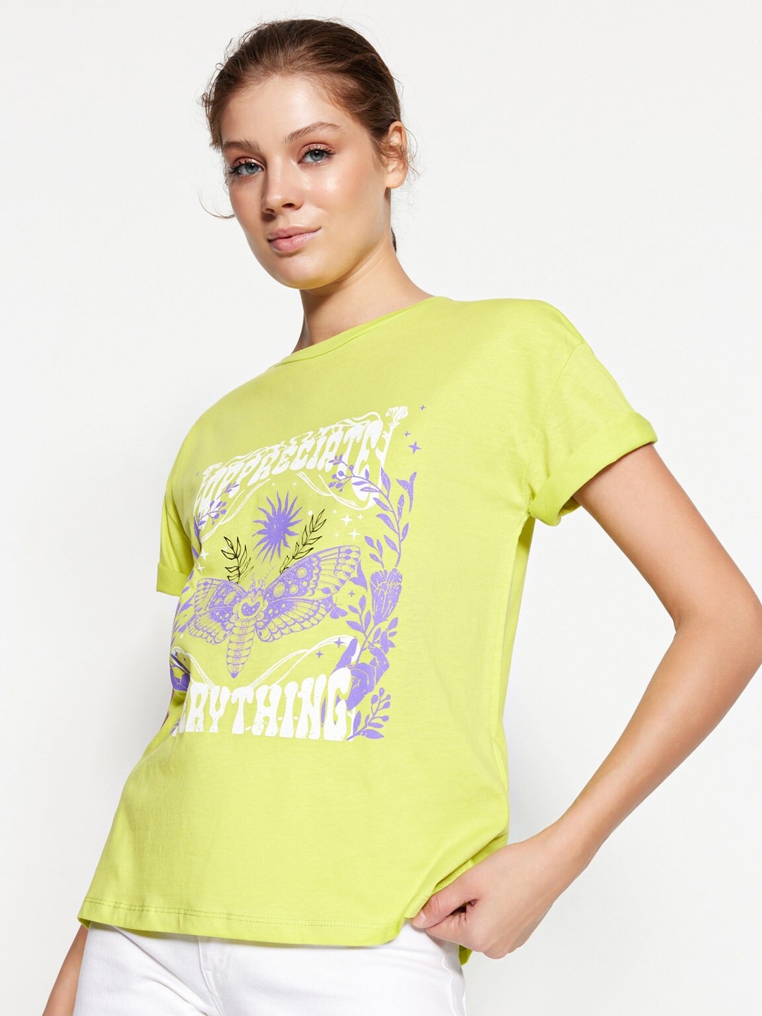 

Trendyol Graphic Printed Pure Cotton Casual T-shirt, Lime green