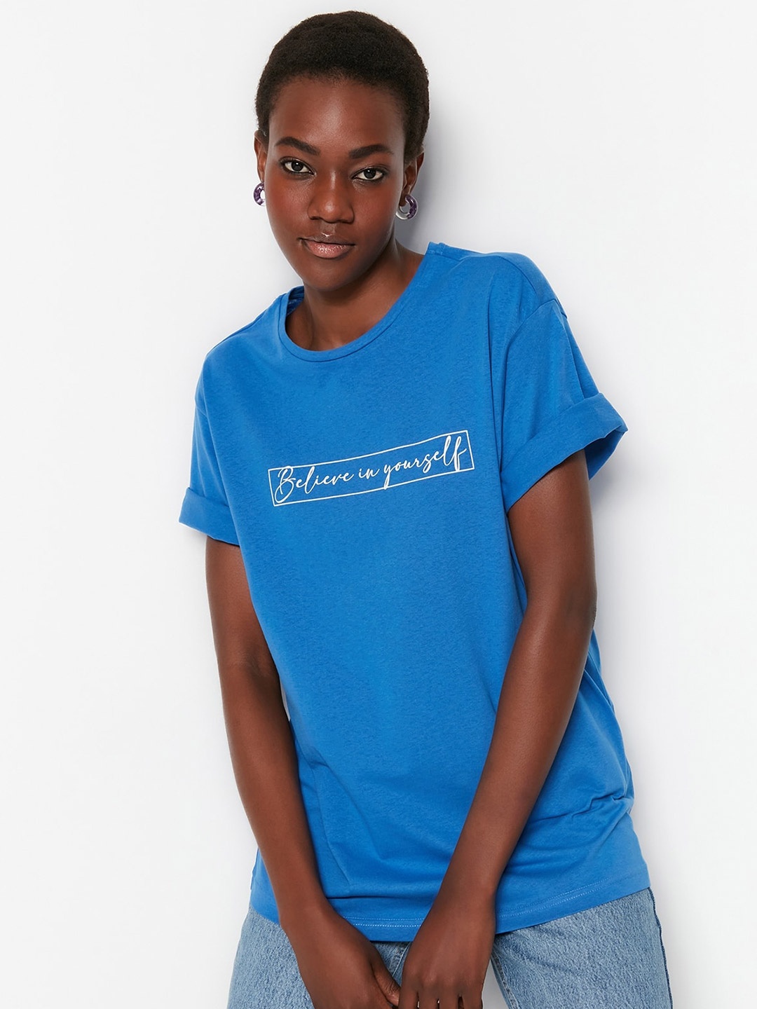 

Trendyol Typography Printed Drop Shoulder Sleeves Pure Cotton T-shirt, Blue