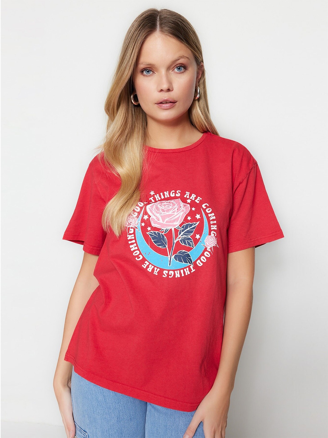 

Trendyol Floral Printed Drop Shoulder Sleeves Pure Cotton T-shirt, Red