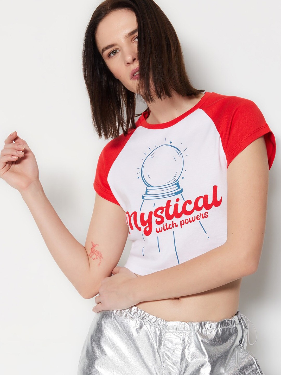 

Trendyol Typography Printed Raglan Sleeves Pure Cotton Crop T-shirt, White