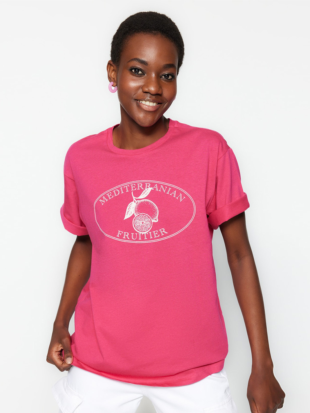 

Trendyol Typography Printed Drop Shoulder Sleeves Pure Cotton T-shirt, Pink