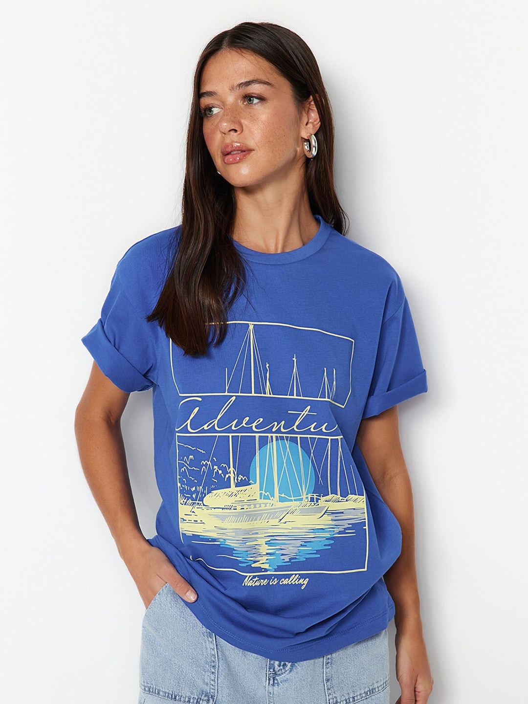 

Trendyol Graphic Printed Drop Shoulder Sleeves Pure Cotton T-shirt, Blue