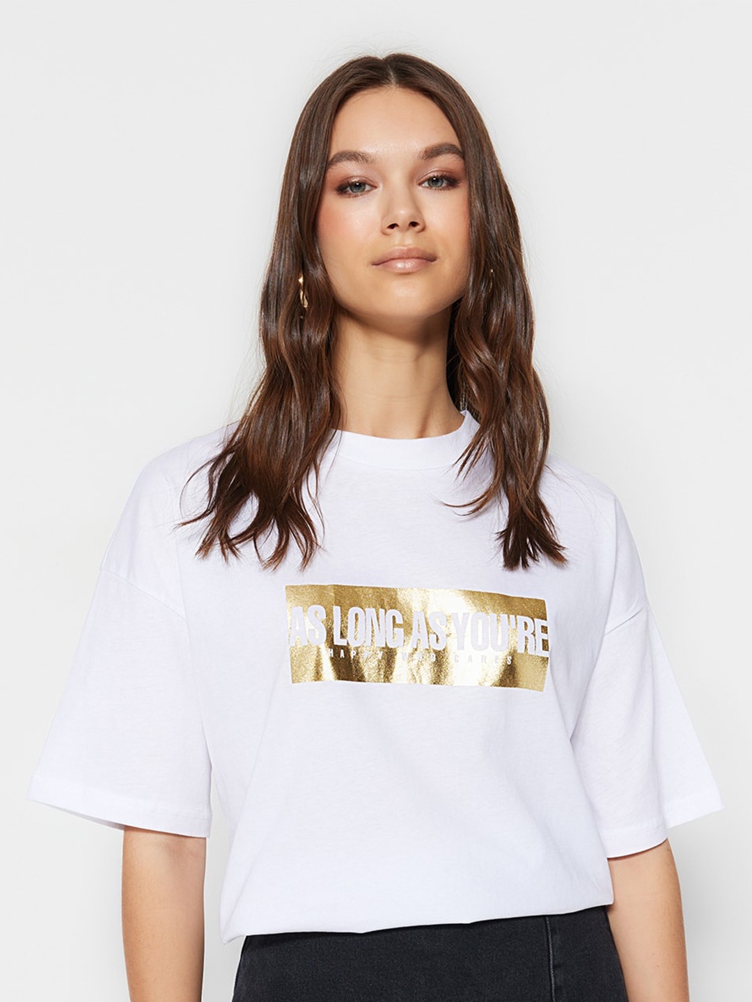 

Trendyol Typography Printed Drop-Shoulders Pure Cotton T-shirt, White