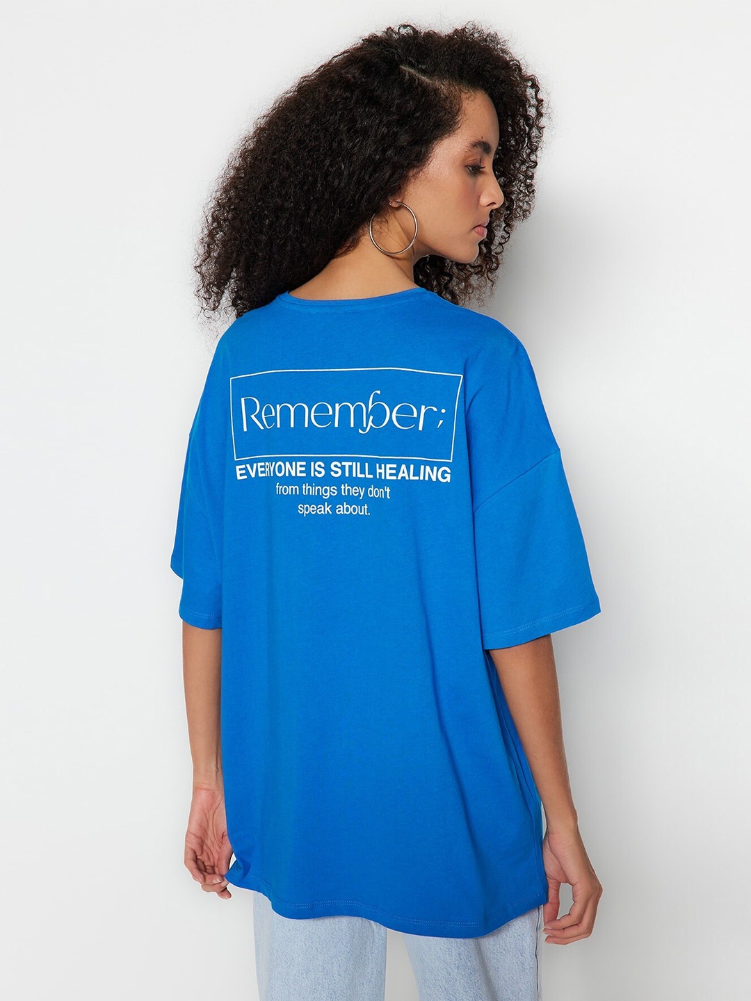 

Trendyol Typography Printed Drop-Shoulders Pure Cotton T-shirt, Blue