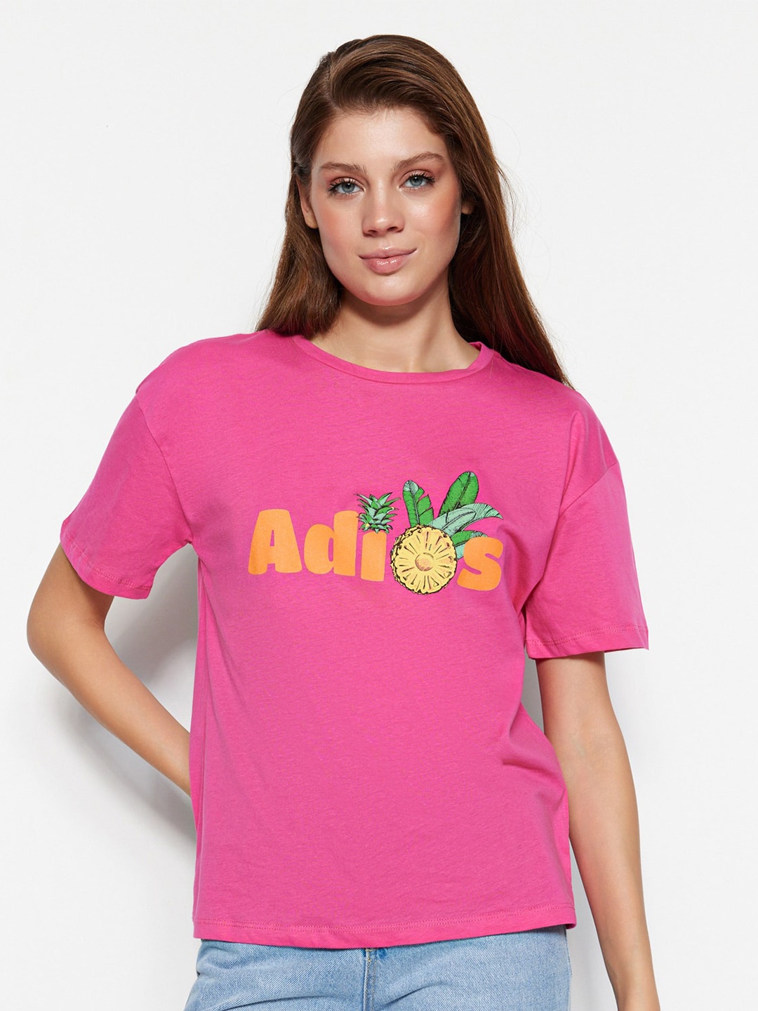

Trendyol Typography Printed Drop-Shoulders Pure Cotton T-shirt, Pink