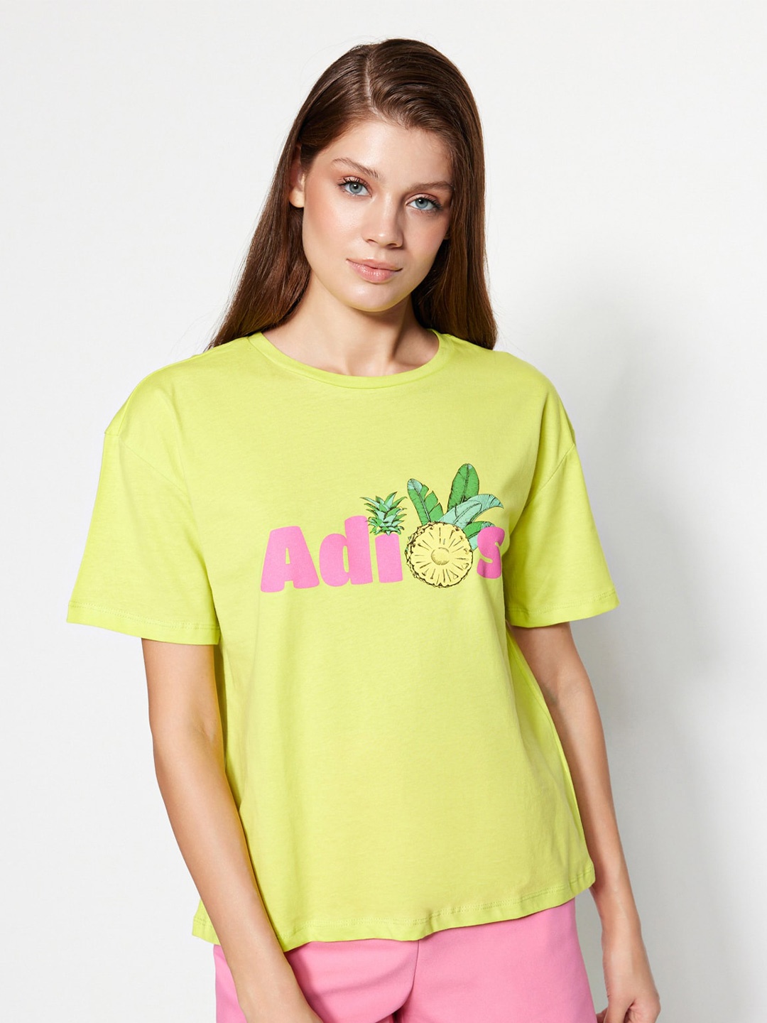 

Trendyol Typography Printed Drop-Shoulders Pure Cotton T-shirt, Yellow