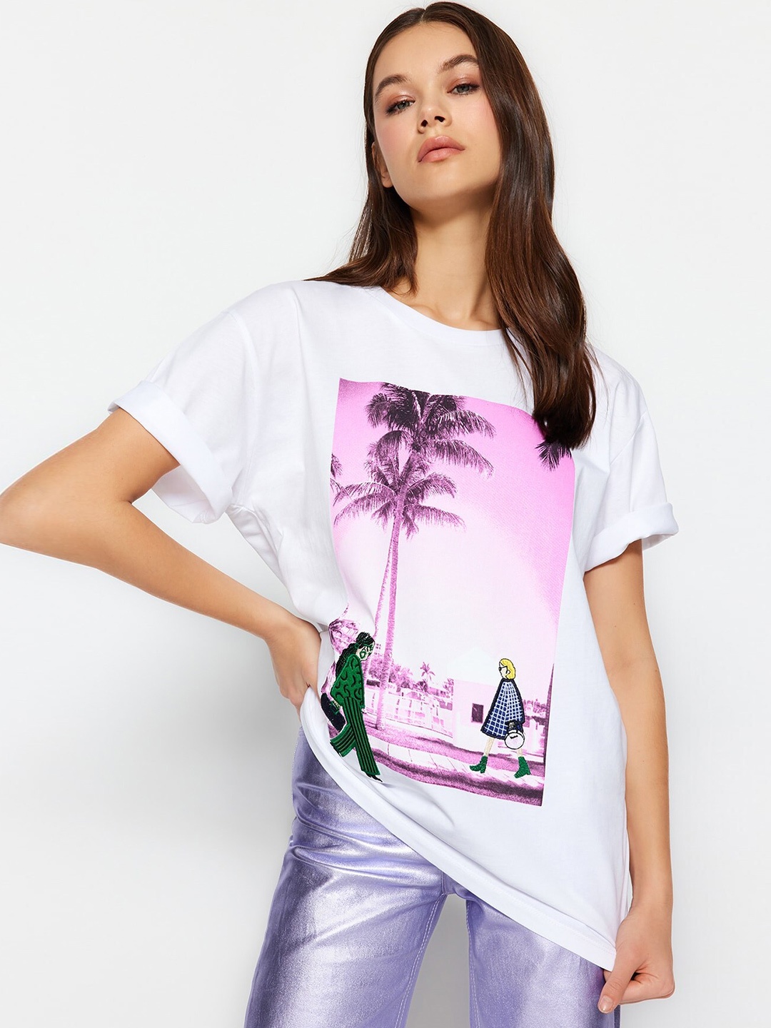 

Trendyol Embroidered Graphic Printed Round Neck Cotton T-shirt, White
