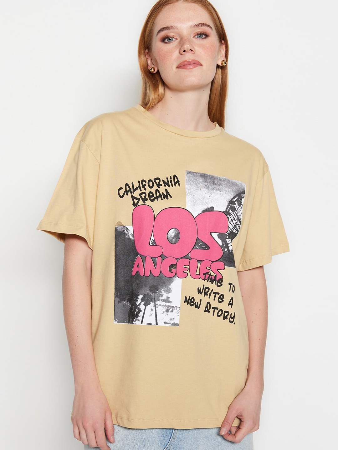 

Trendyol Typography Printed Drop-Shoulder Sleeves Cotton T-shirt, Beige
