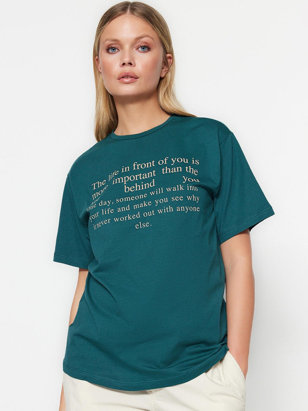 

Trendyol Typography Printed Round Neck T-shirt, Teal