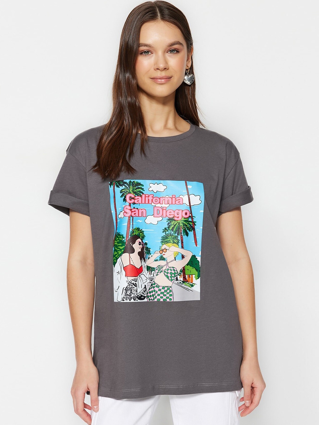 

Trendyol Graphic Printed Round Neck T-shirt, Grey