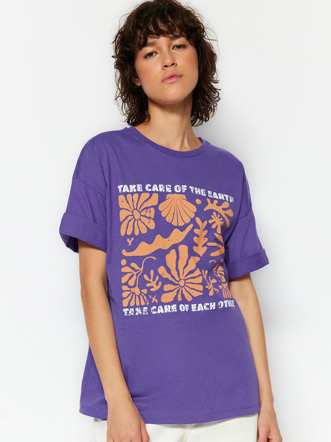 

Trendyol Floral Printed Drop Shoulder Sleeves Pure Cotton T-shirt, Purple