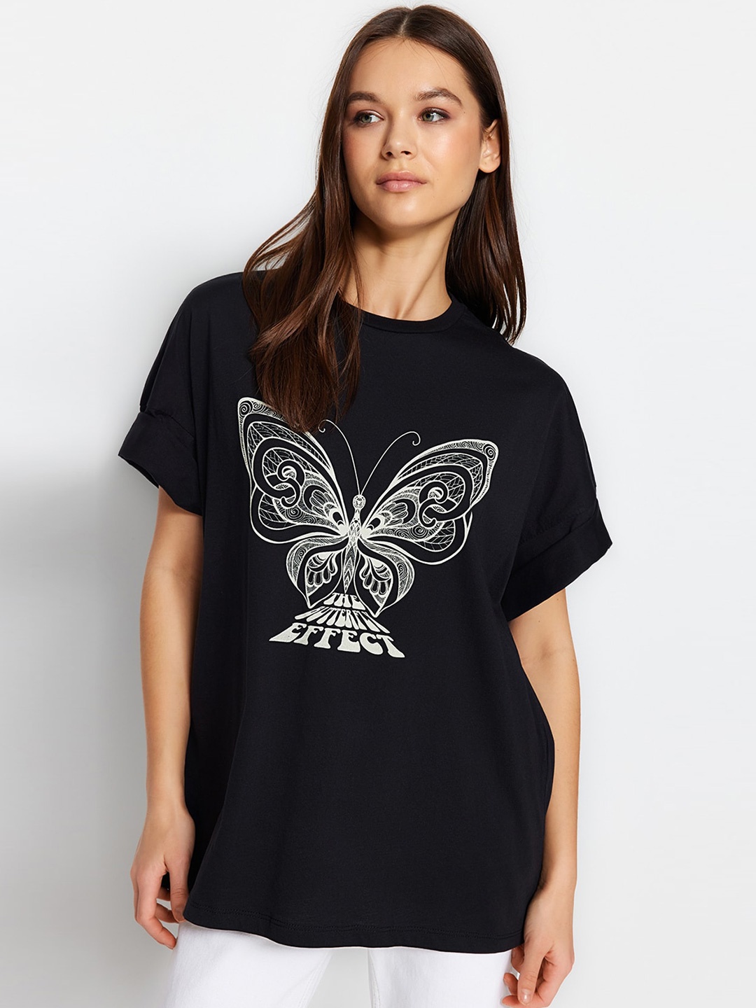 Trendyol Graphic Printed Pure Cotton T-shirt, Black