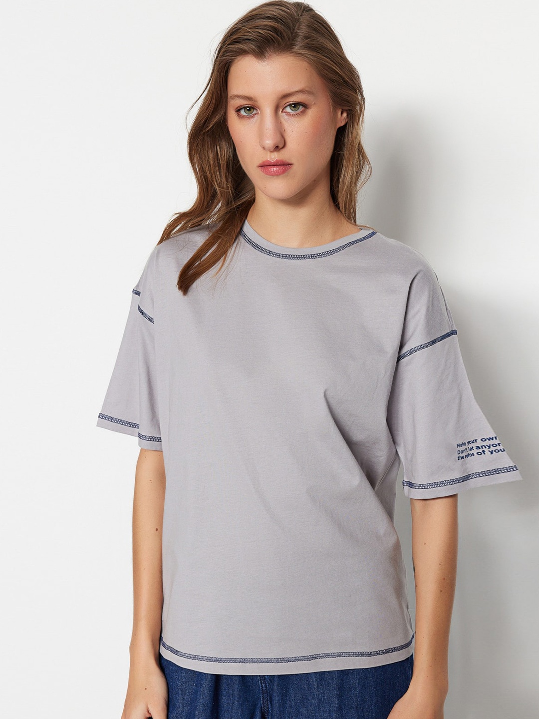 

Trendyol Drop Shoulder Sleeves Pure Cotton T-shirt, Grey