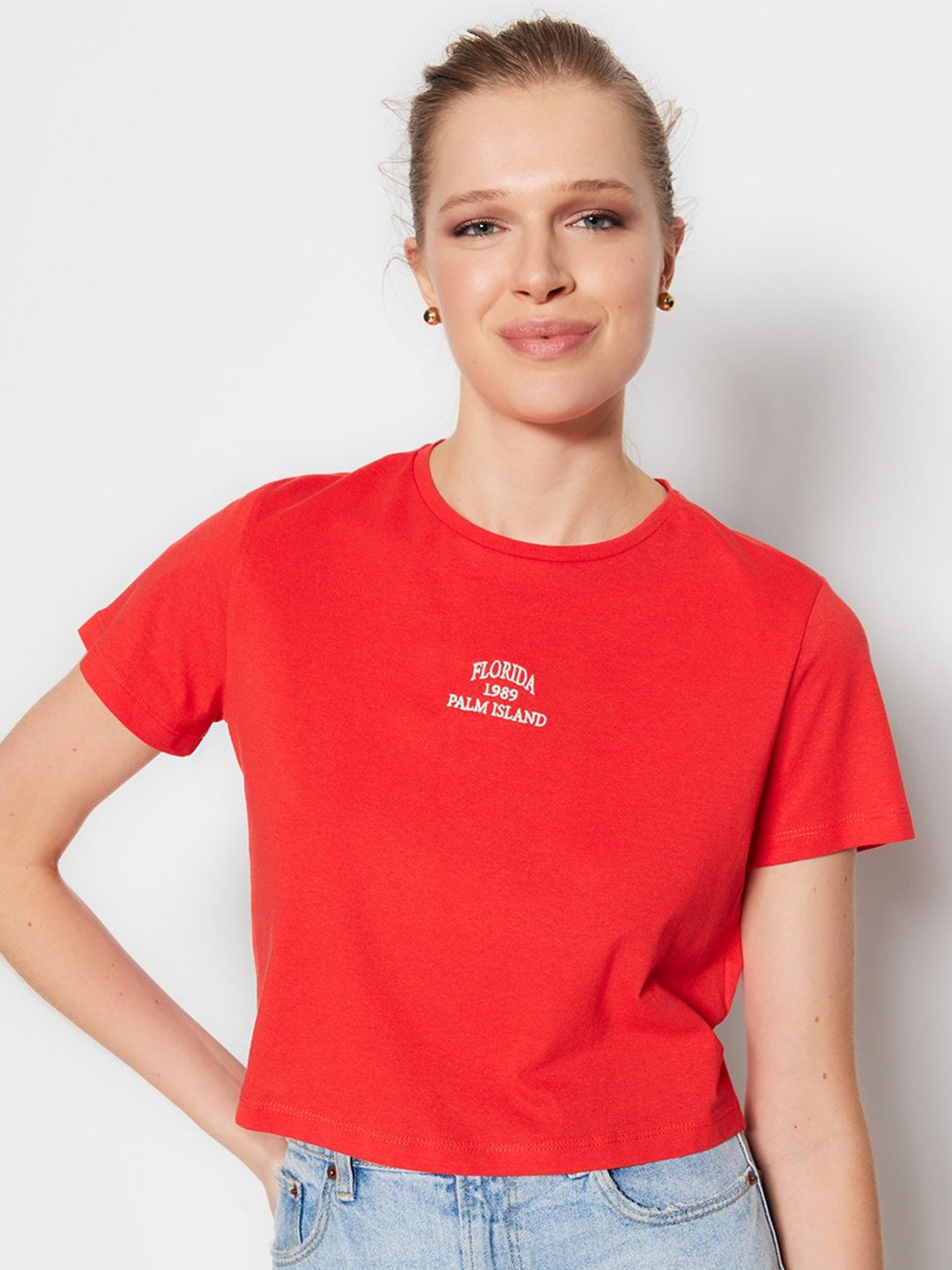 

Trendyol Typography Printed Pure Cotton T-Shirt, Red