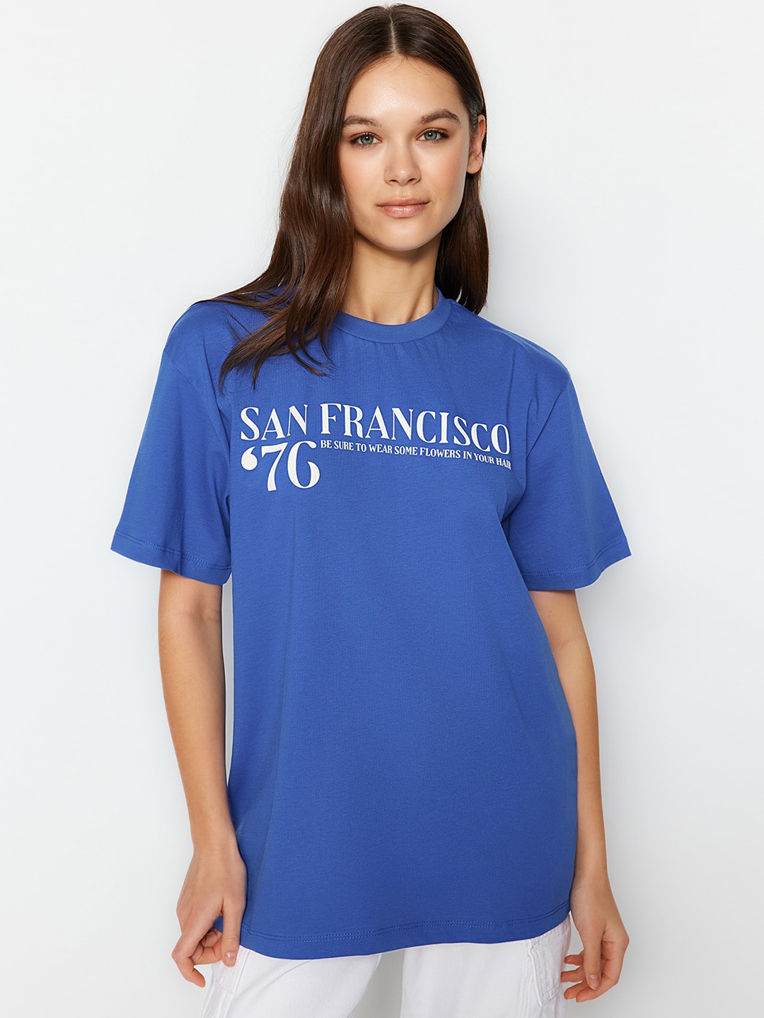 

Trendyol Typography Printed Drop-Shoulder Sleeves Pure Cotton T-Shirt, Blue