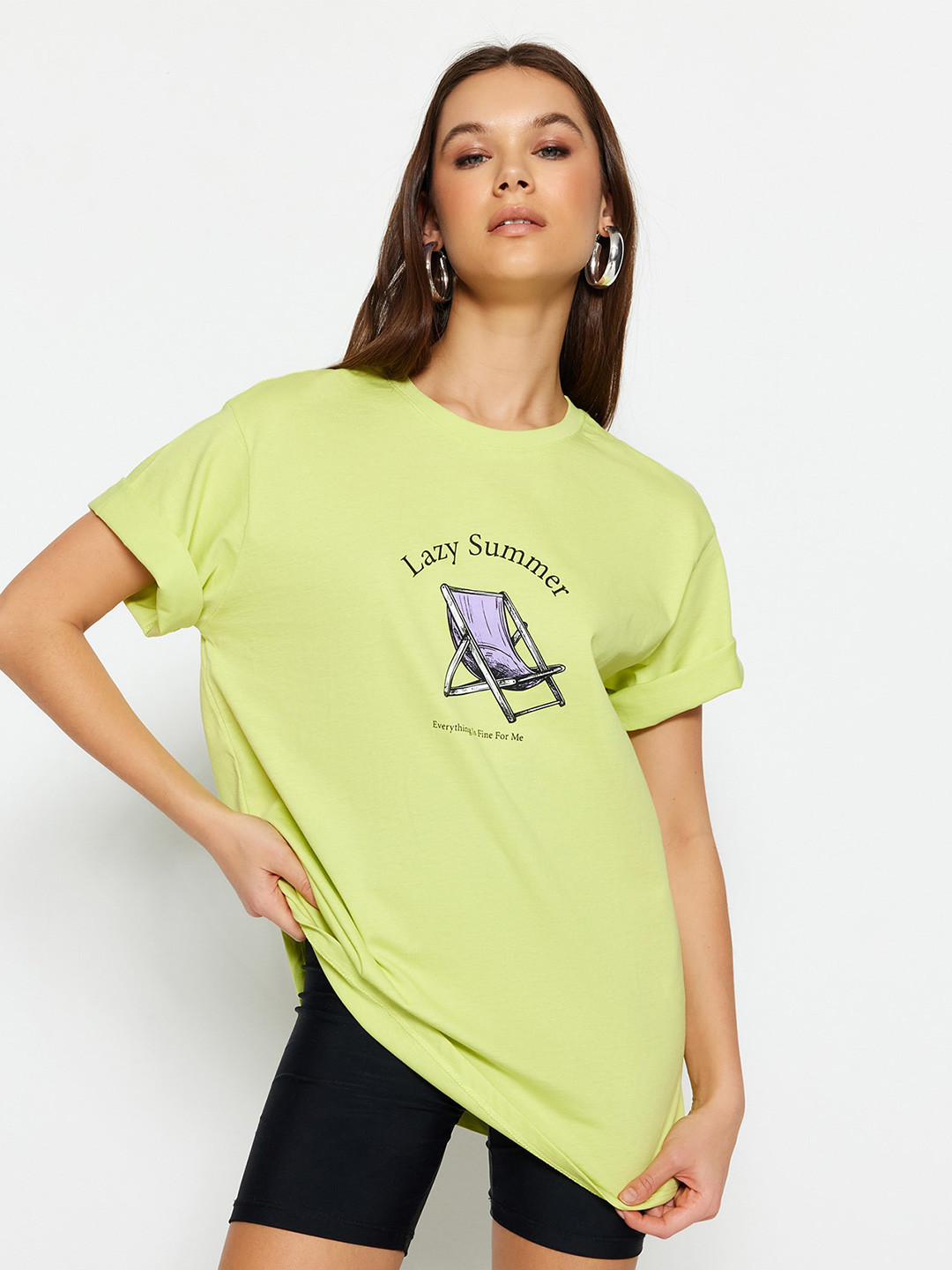 

Trendyol Graphic Printed Longline Pure Cotton T-Shirt, Green