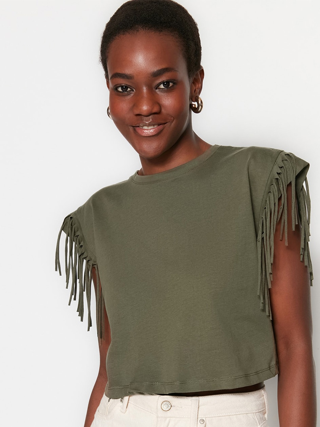 

Trendyol High Neck Cap Sleeves Pure Cotton Crop T-Shirt, Olive