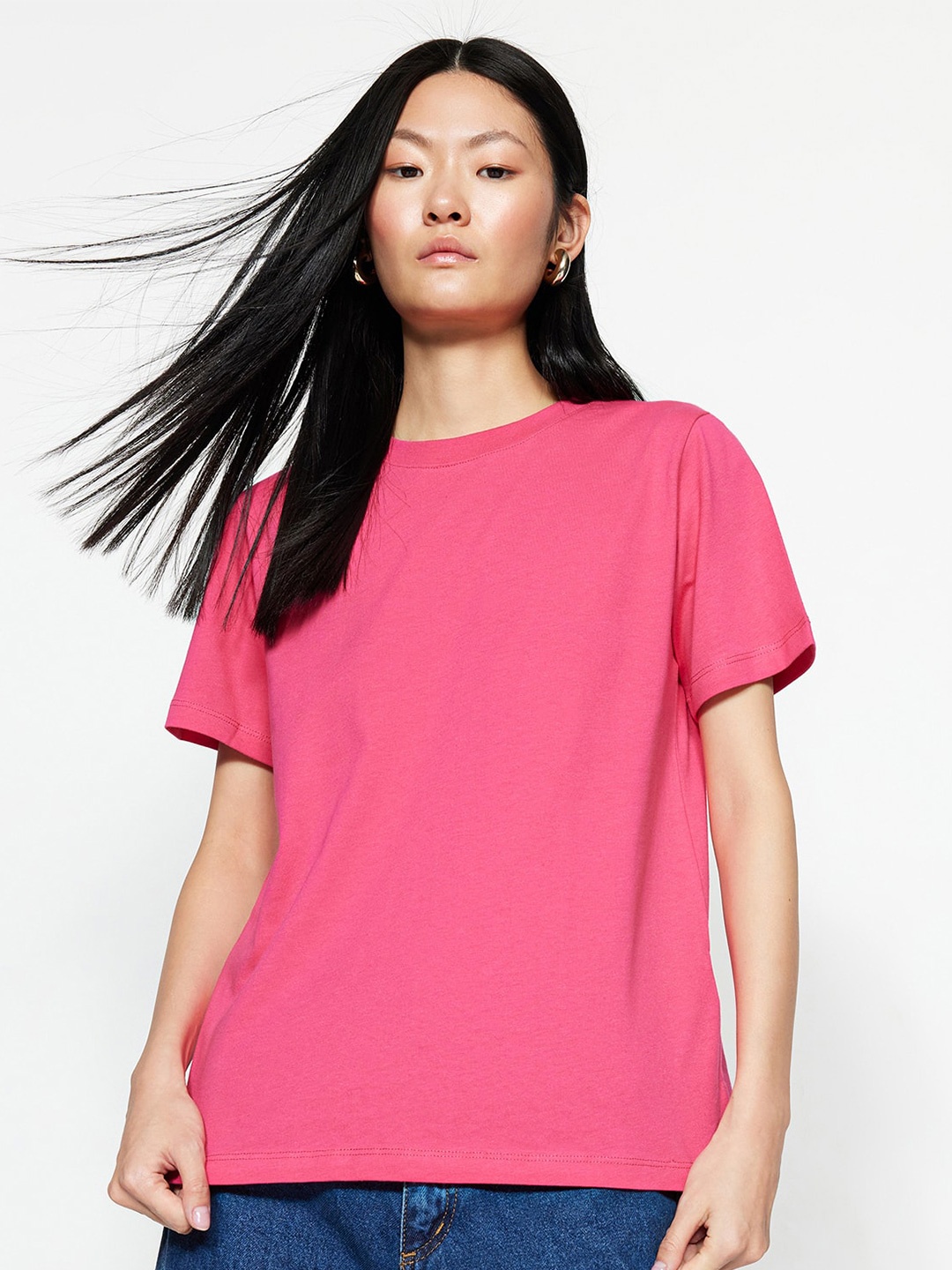 

Trendyol Round Neck Pure Cotton T-shirt, Pink
