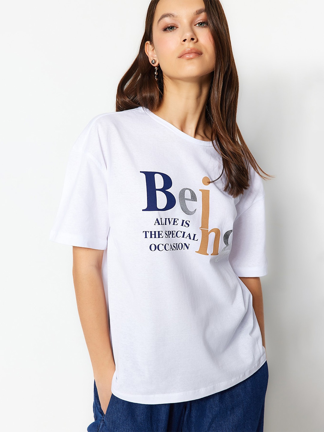 

Trendyol Typography Printed Pure Cotton T-shirt, White