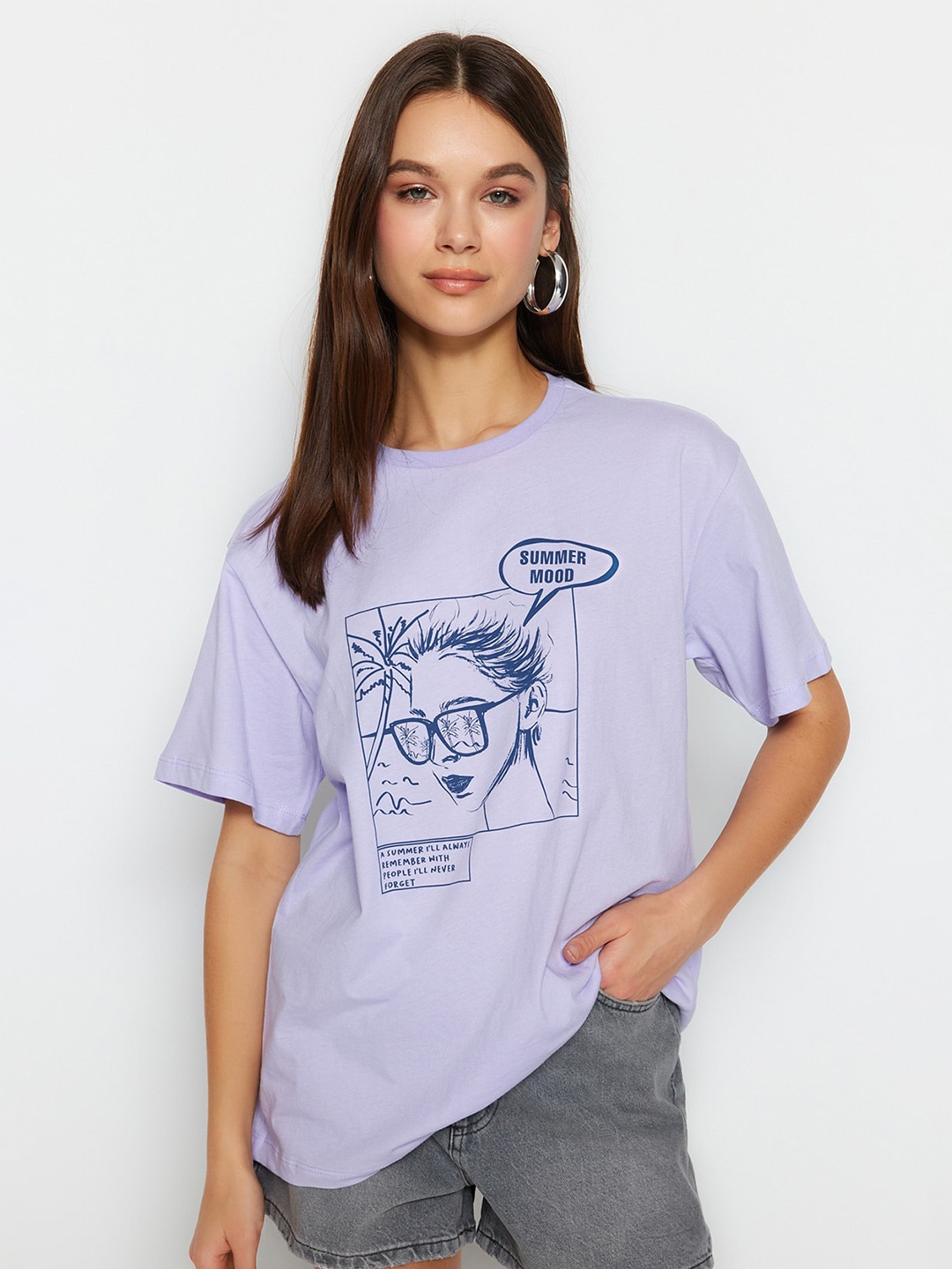 

Trendyol Graphic Printed Pure Cotton T-shirt, Lavender