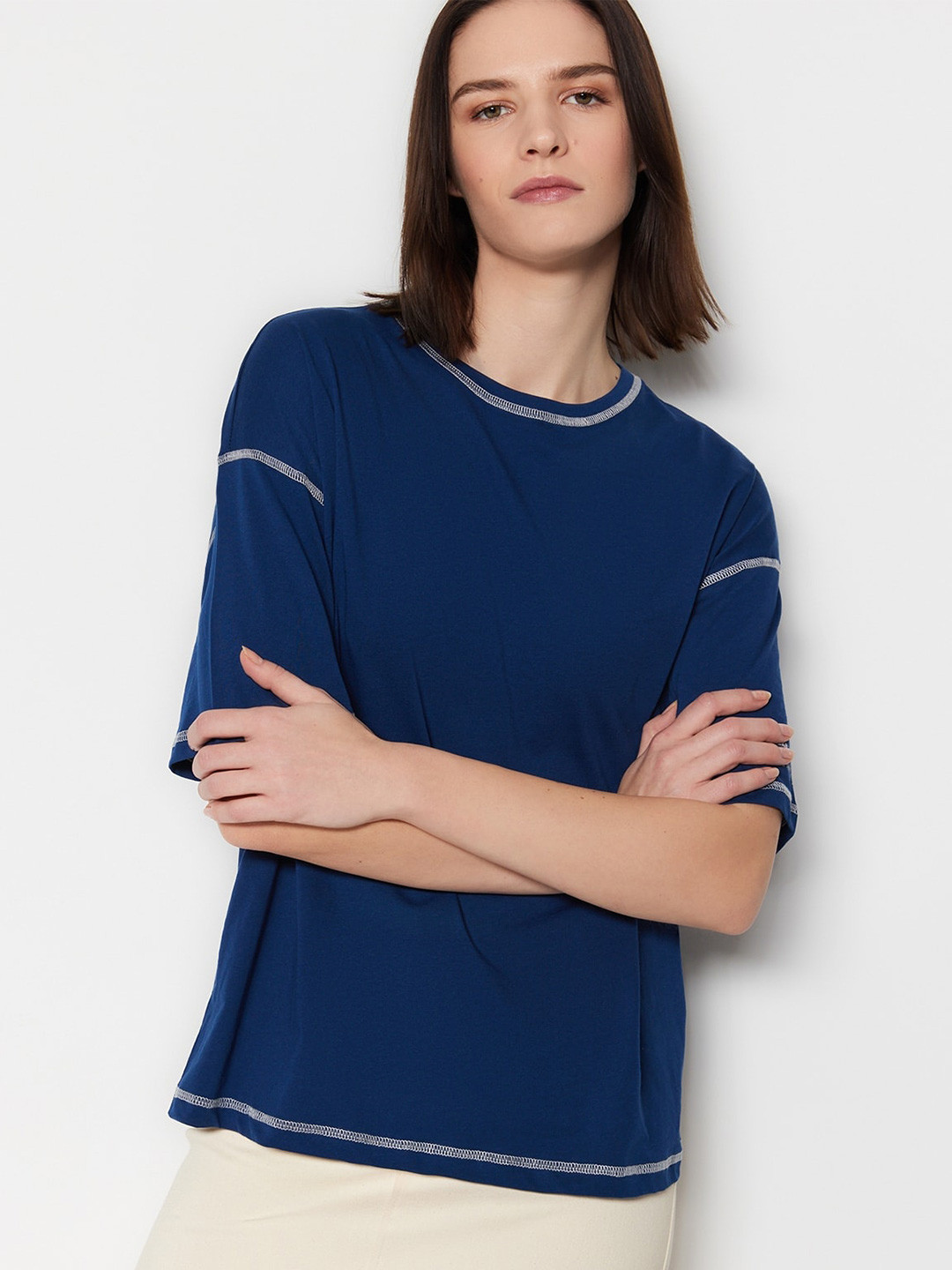 

Trendyol Drop-Shoulder Sleeves Pure Cotton T-shirt, Navy blue