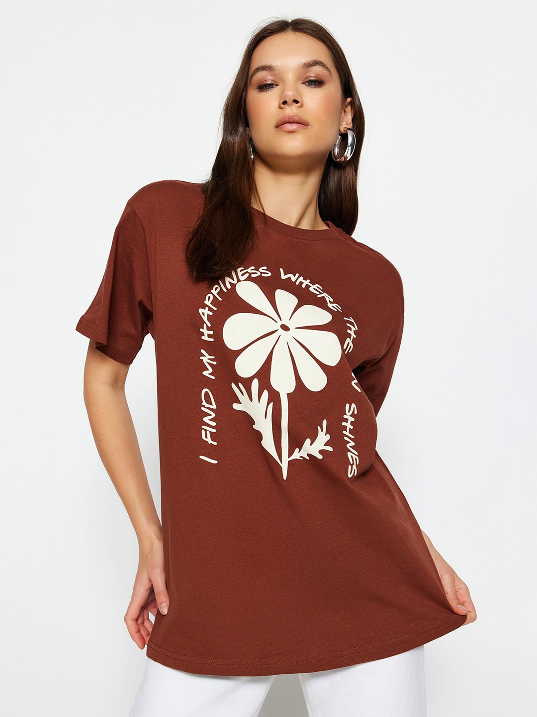 

Trendyol Floral Printed Pure Cotton T-shirt, Brown