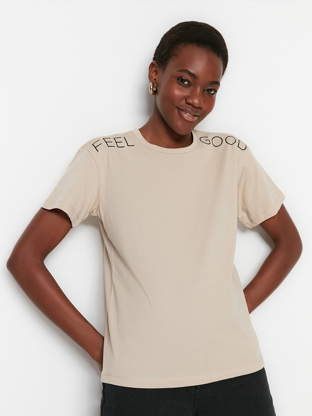

Trendyol Typography Printed Pure Cotton T-shirt, Beige