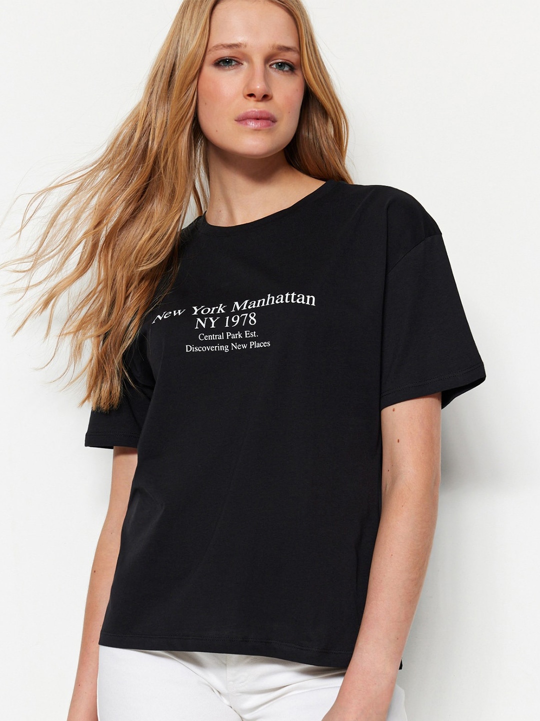Trendyol Typography Printed Drop -Shoulder Sleeves Pure Cotton T-Shirt, Black