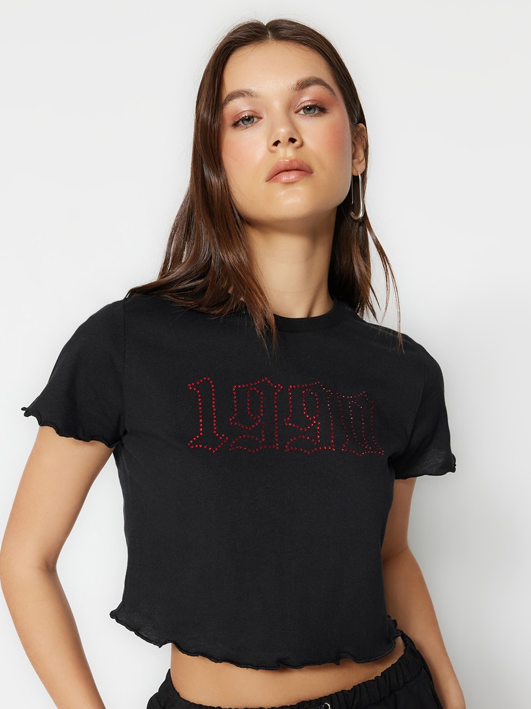 

Trendyol Typography Printed Pure Cotton Crop T-Shirt, Black