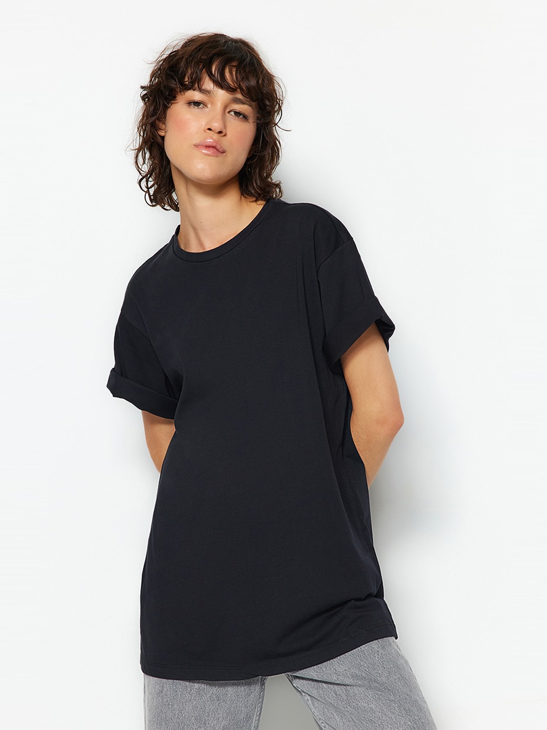 

Trendyol Drop -Shoulder Sleeves Pure Cotton Casual T-Shirt, Black