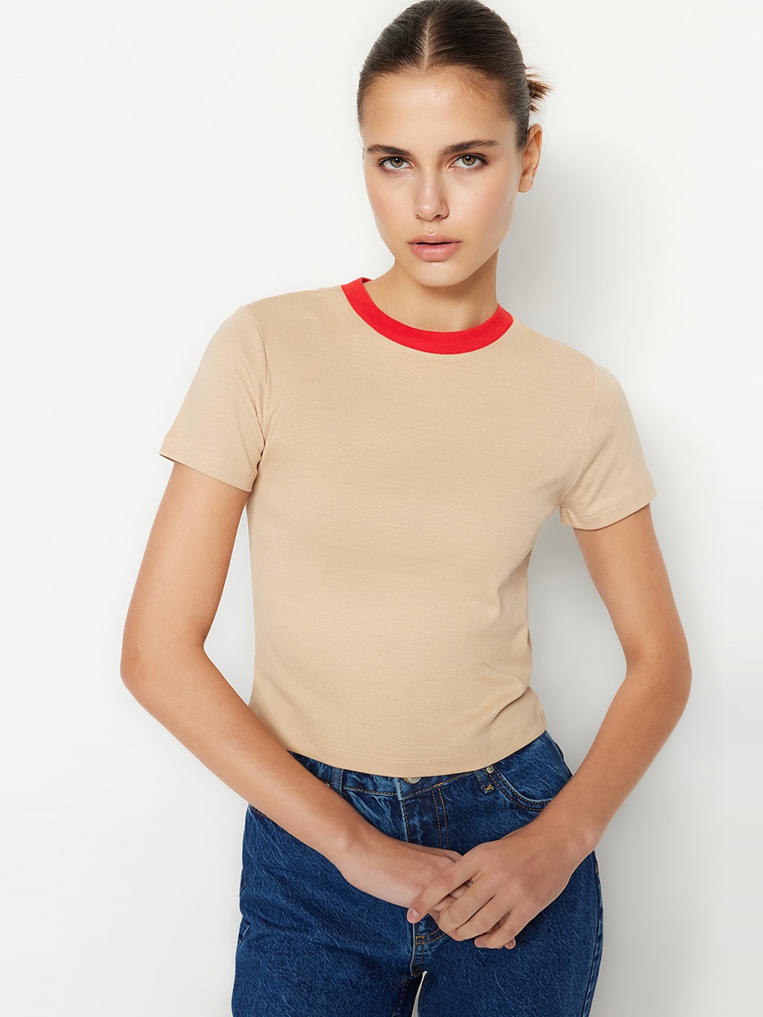 

Trendyol Round Neck Cotton T-shirt, Beige