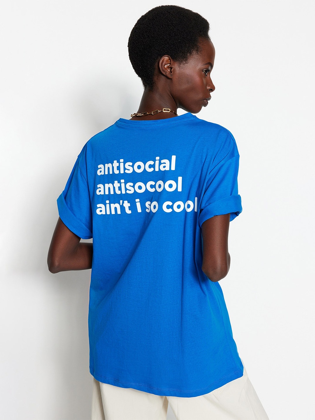 

Trendyol Typography Printed Drop-Shoulder Sleeves Pure Cotton T-Shirt, Blue