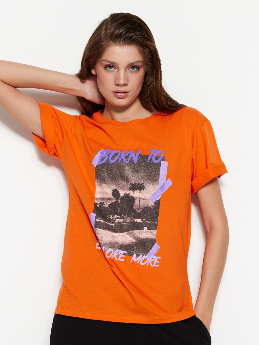 

Trendyol Graphic Printed Drop Shoulder Sleeves Pure Cotton T-Shirt, Orange