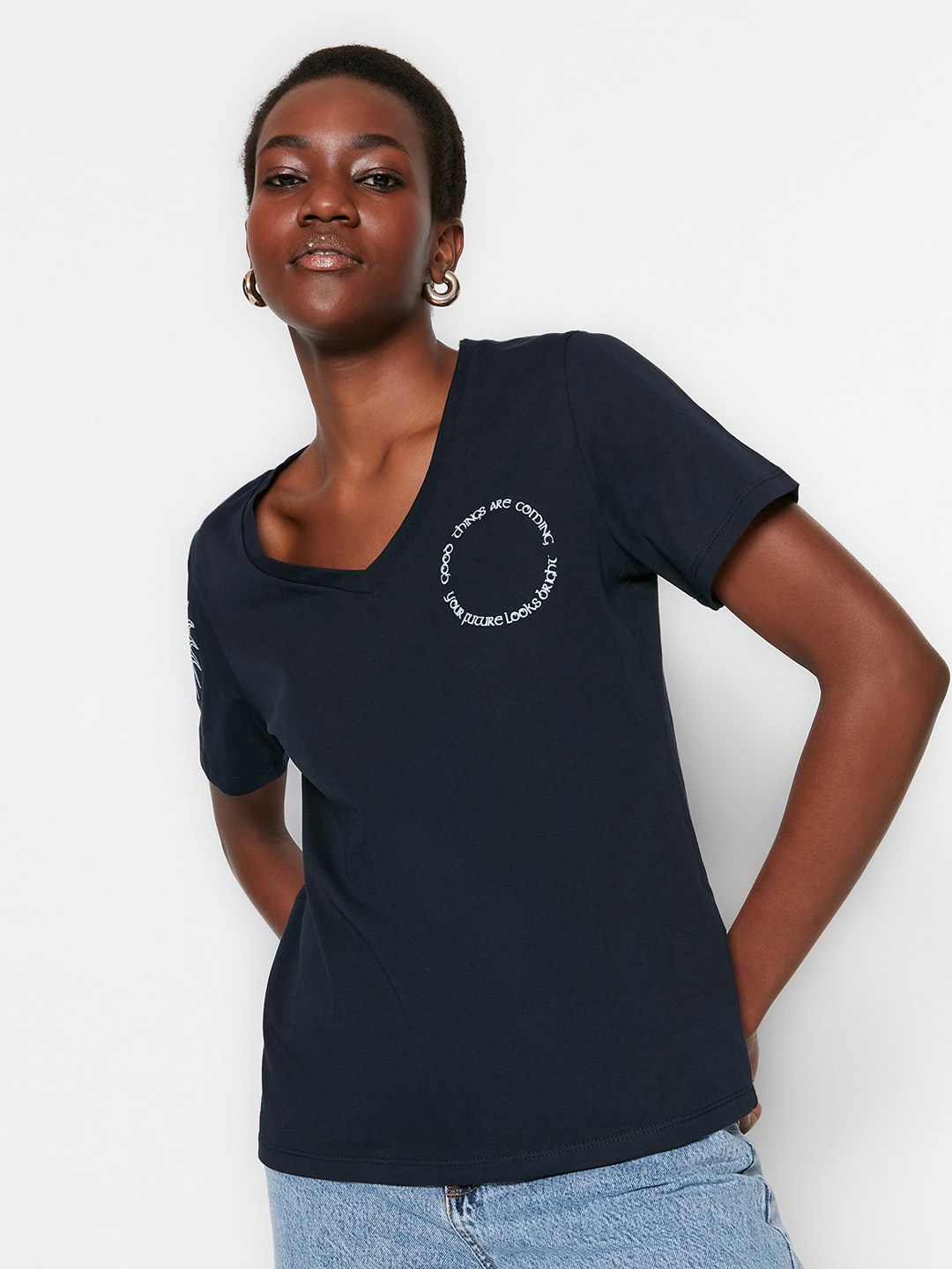 

Trendyol Embroidered V-Neck Pure Cotton T-Shirt, Black