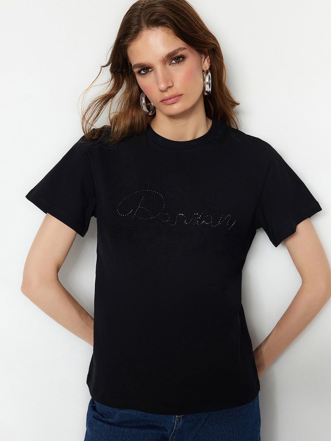 

Trendyol Embellished Round Neck Pure Cotton T-Shirt, Black