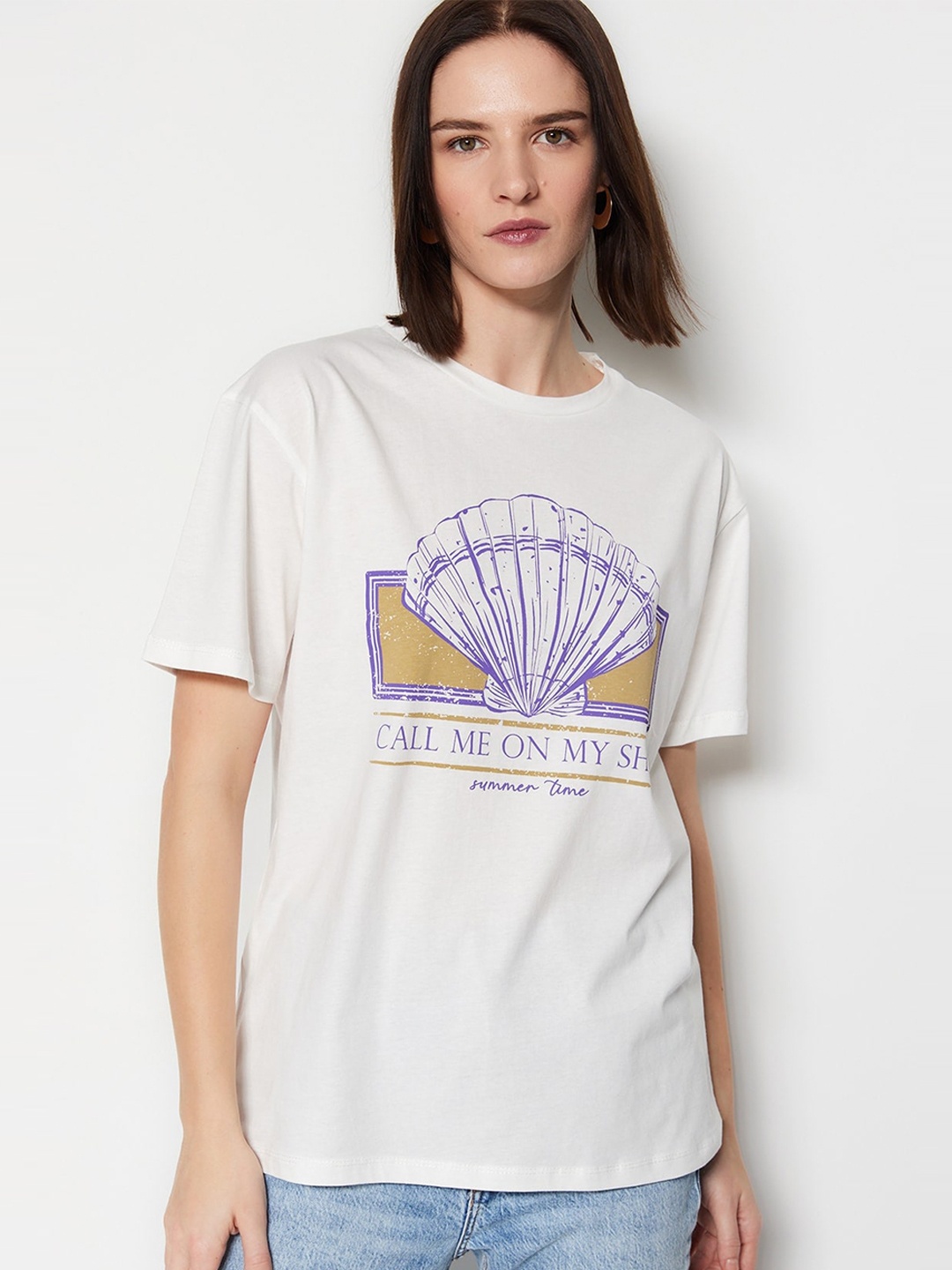 

Trendyol Typography Printed Drop Shoulder Sleeves Pure Cotton Loose Fit T-shirt, White