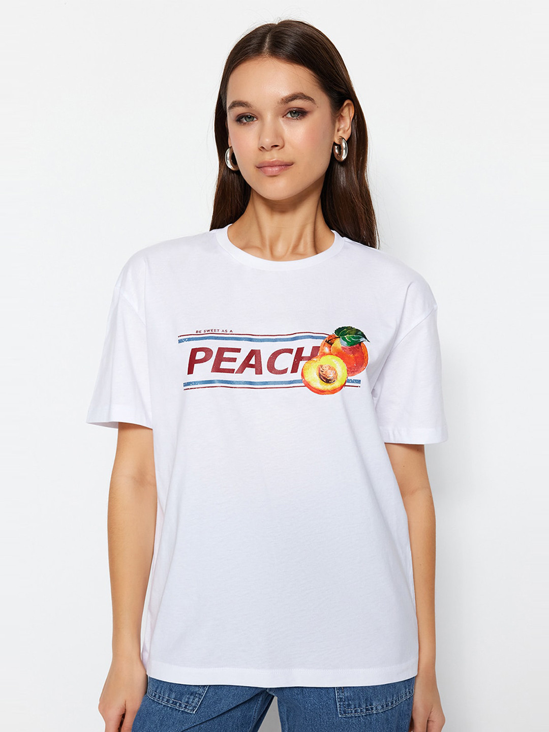 

Trendyol Typography Printed Drop Shoulder Sleeves Pure Cotton Loose Fit T-shirt, White