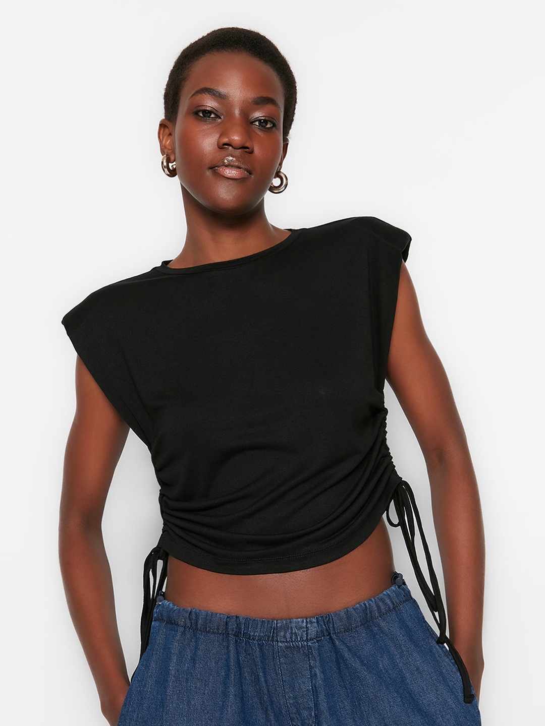 

Trendyol Extended Sleeves Boat Neck Ruched Crop Top, Black