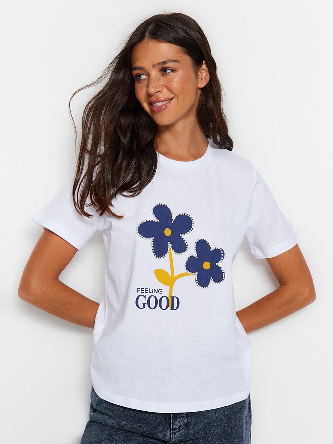 

Trendyol Floral Printed Pure Cotton T-shirt, White