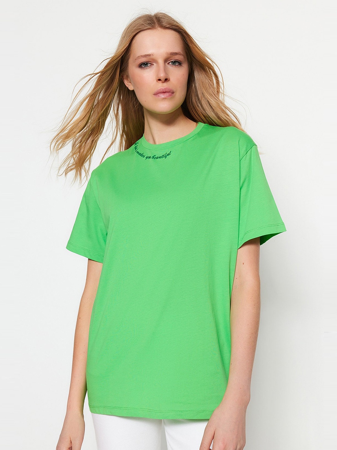 

Trendyol Round Neck Embroidered Pure Cotton T-shirt, Green
