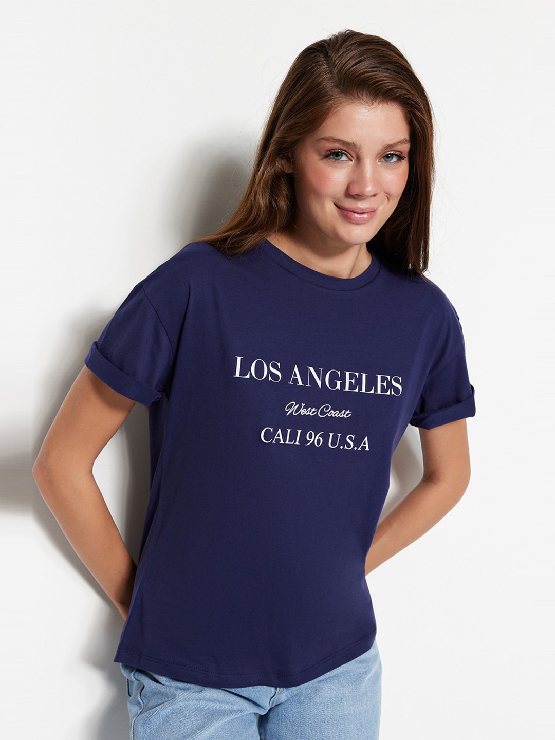 

Trendyol Typography Printed Drop-Shoulder Sleeve Pure Cotton T-shirt, Navy blue